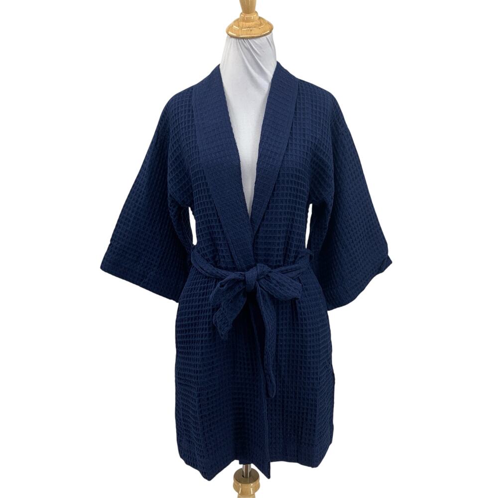 Nordstrom Robe Women XS Navy Cotton Waffle Weave Textured Tie Waist Short Lounge